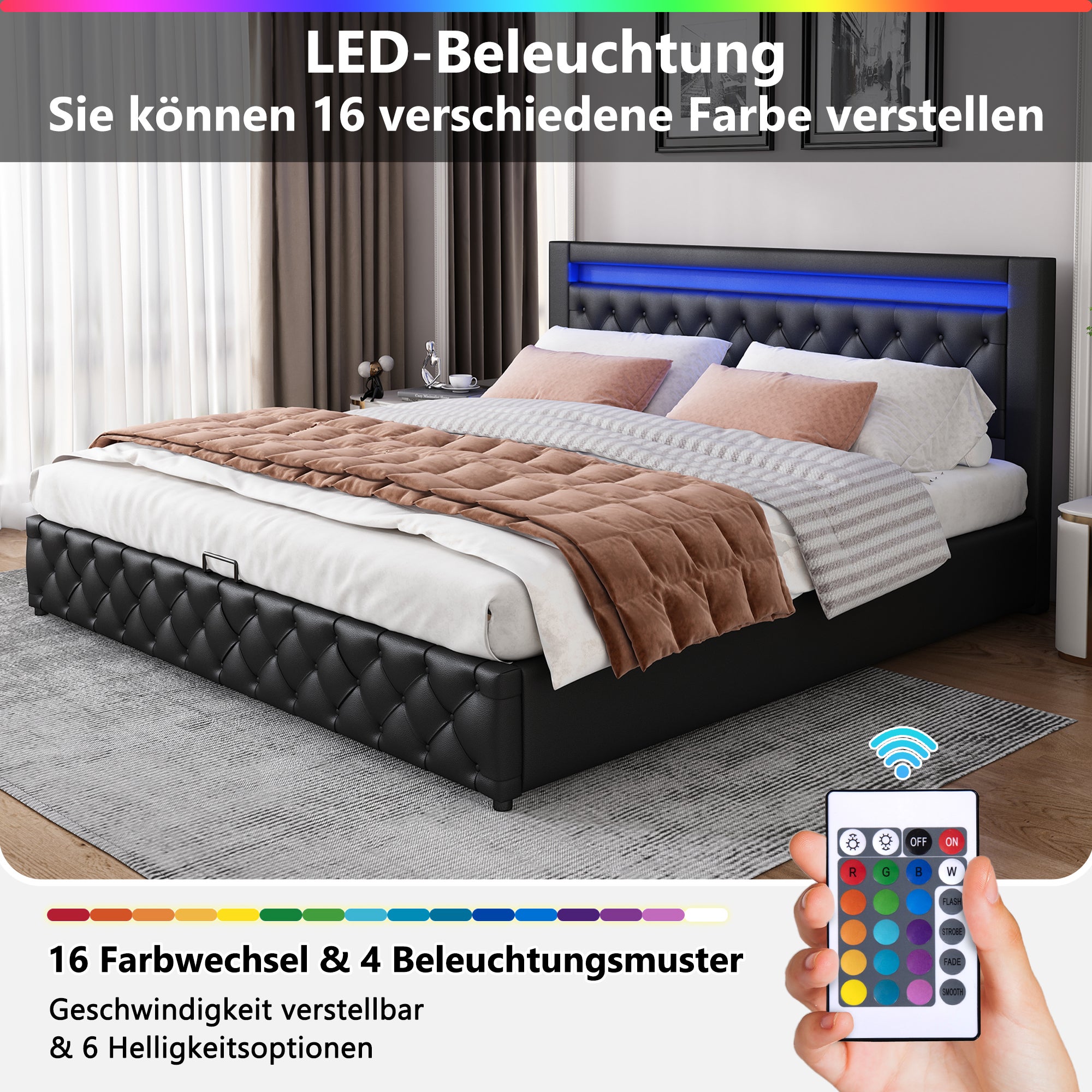 Cama contenedor con cabecero - 160 x 200 cm - Cuero PU y LED - Somier de láminas - Estilo contemporáneo - Negro - 7