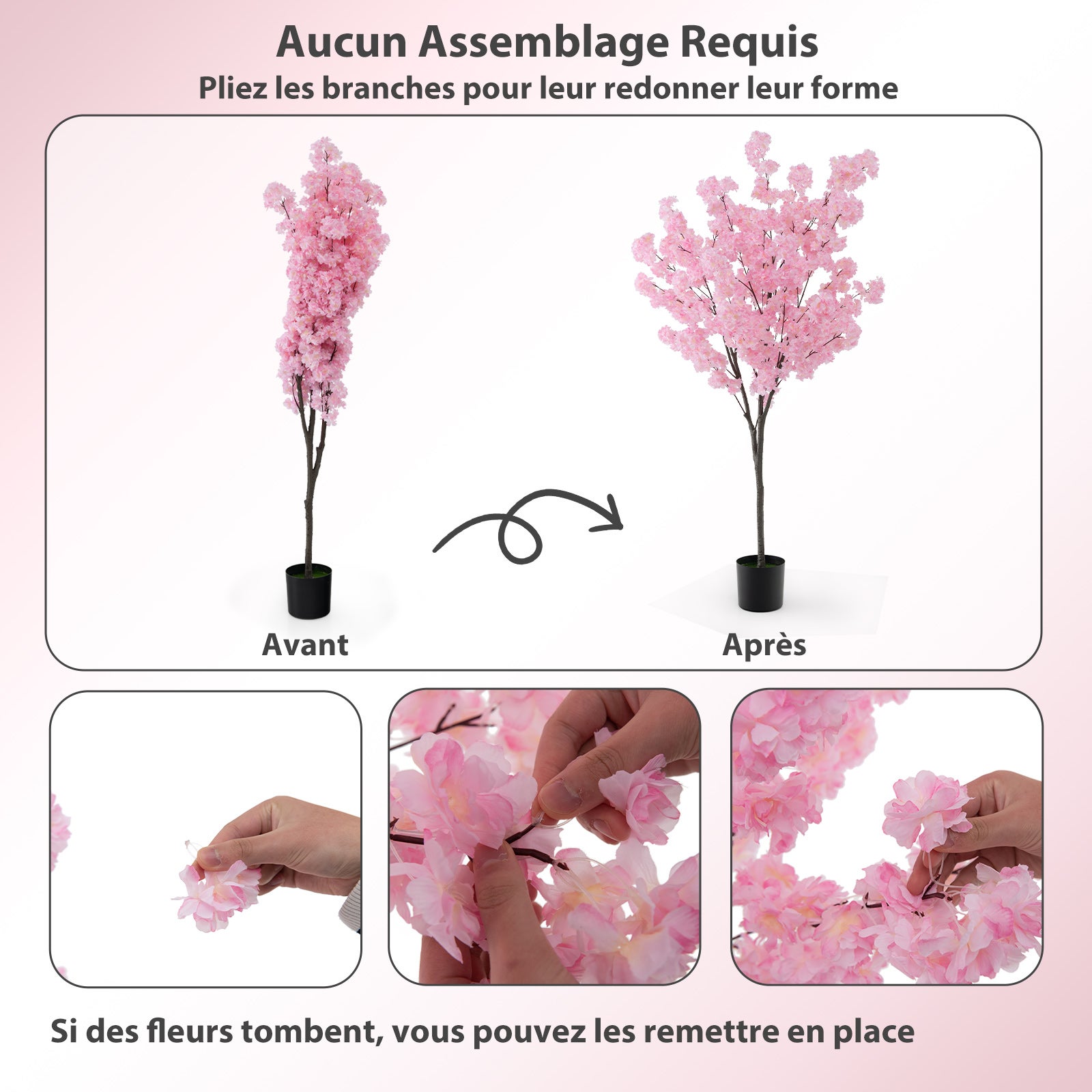 Plante Artificielle en Pot Ciment 190CM avec 900 Fleurs Roses, Fausse Cerisier avec Troncs de PE Simulés, Décoration Moderne pour Salon Bureau - 4