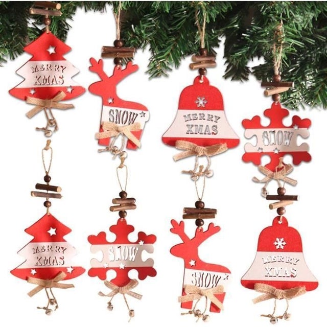 Conjunto de 8 enfeites de madeira para árvore de Natal, árvore de Natal de madeira para pendurar, decorações de Natal para pendurar