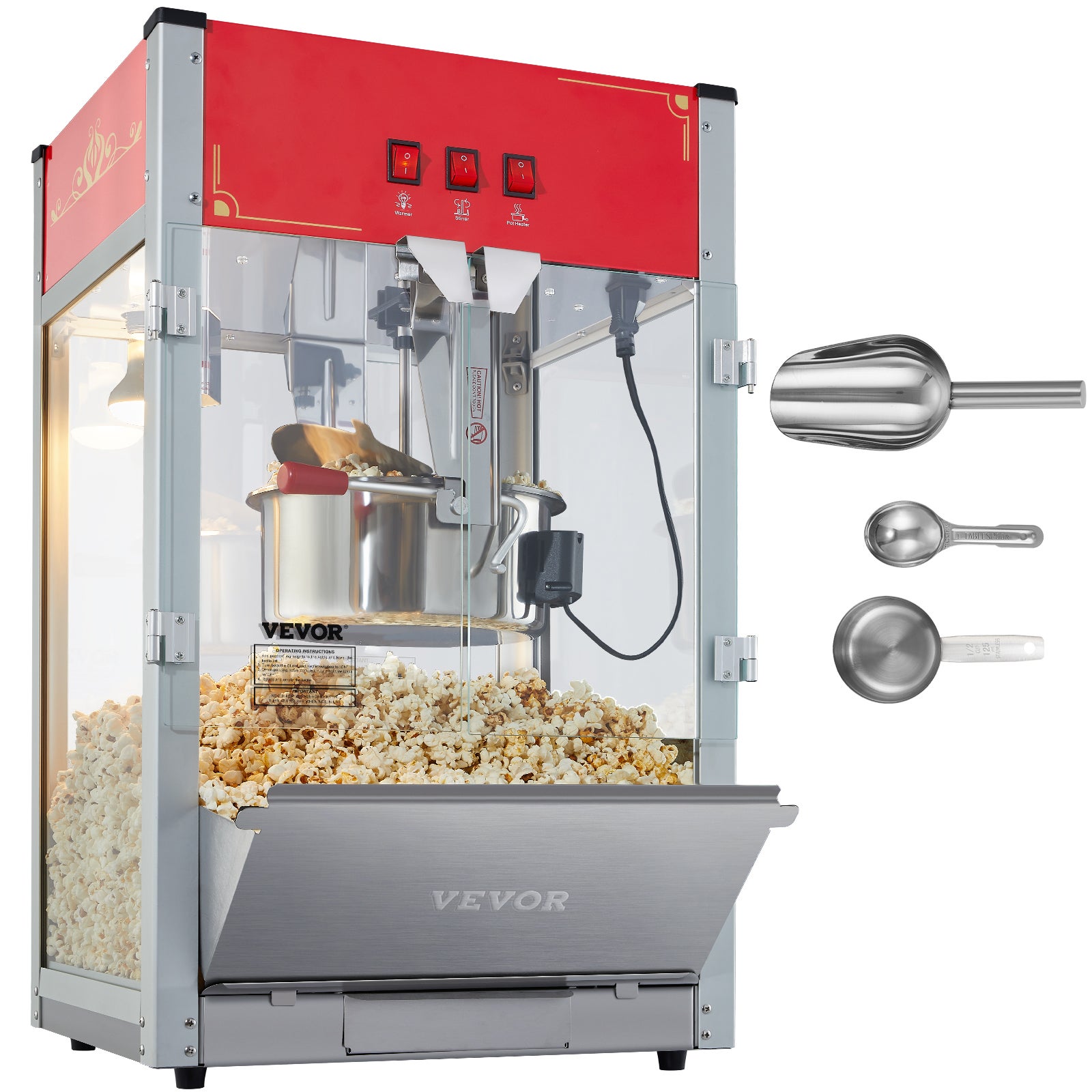 Maszyna do Popcornu VEVOR 1440 W, Garnek 340 g / 80 Filiżanek, Szkło Hartowane, 3 Łyżki Inox, Styl Kino, Czerwona