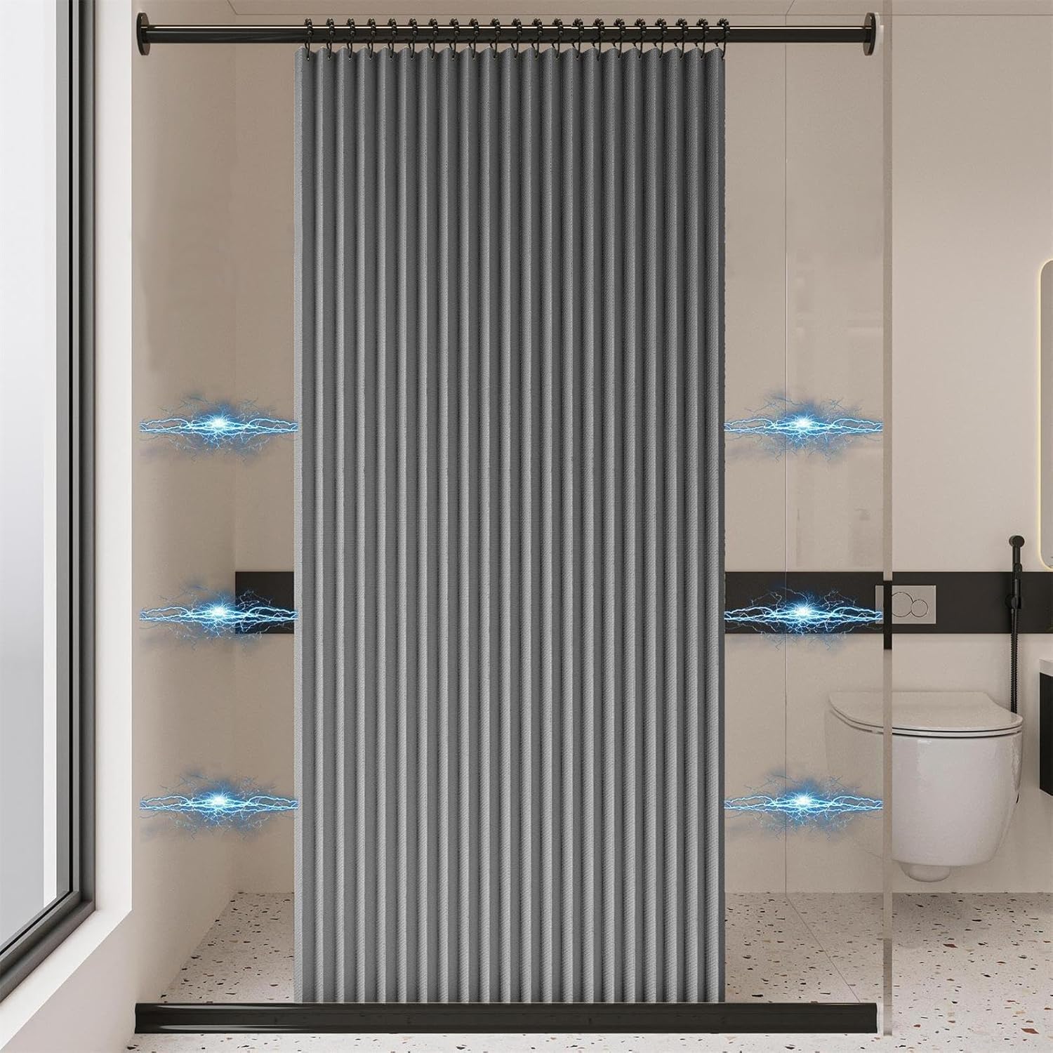Składana magnetyczna zasłona prysznicowa, wodoodporna i odporna na pleśń, magnetyczna, gruba tkanina lniana, bez podszewki, szara, 100 x 200 cm.