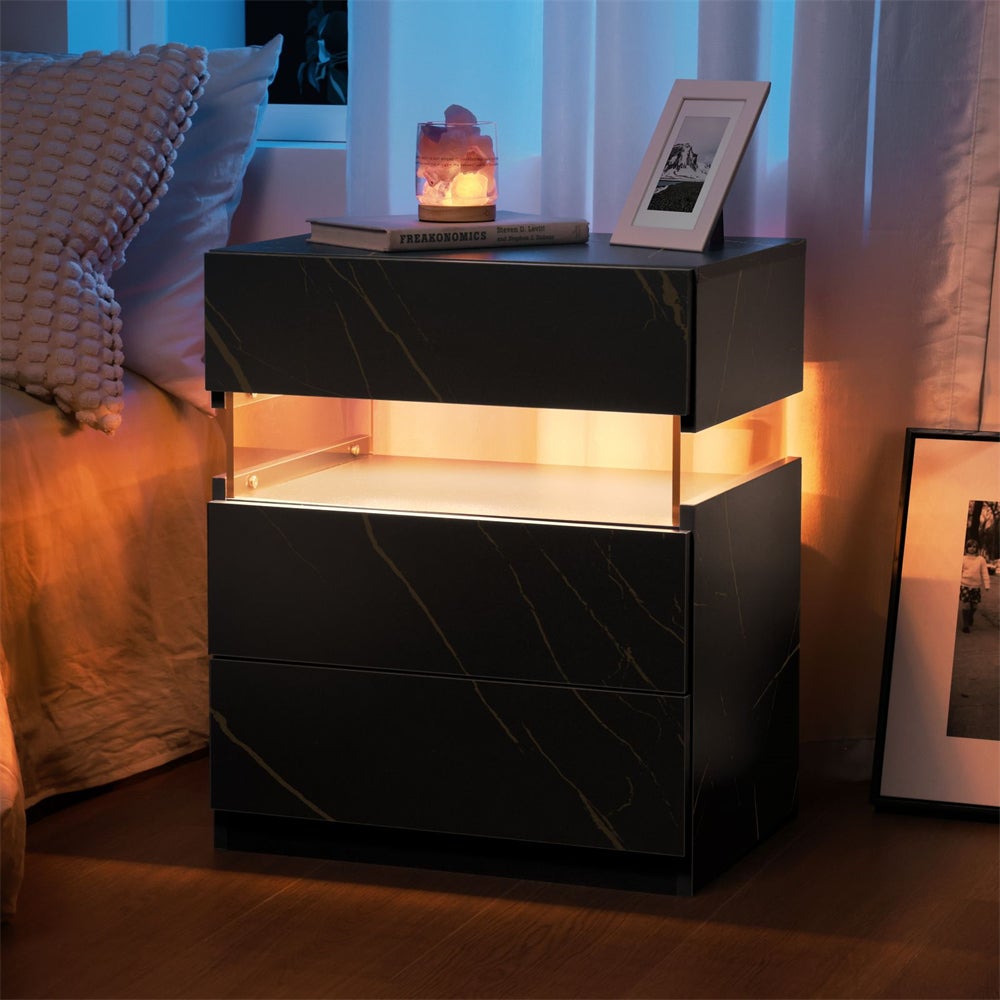 Stolik nocny LED z 3 szufladami - płyta akrylowa, regulowane oświetlenie RGB i nowoczesna konstrukcja z płyty MDF