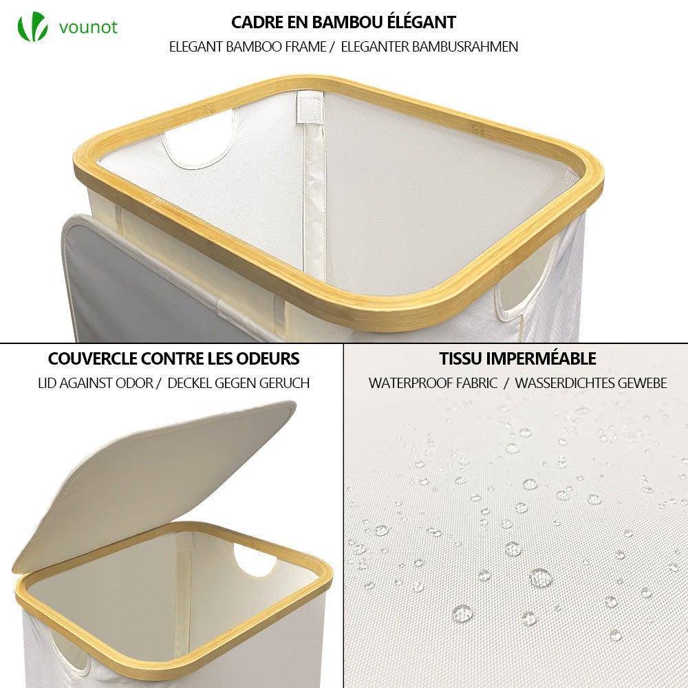 Panier à linge pliable avec roulettes 100L - avec sac amovible et couvercle - cadre en bambou - beige - VOUNOT® - 2