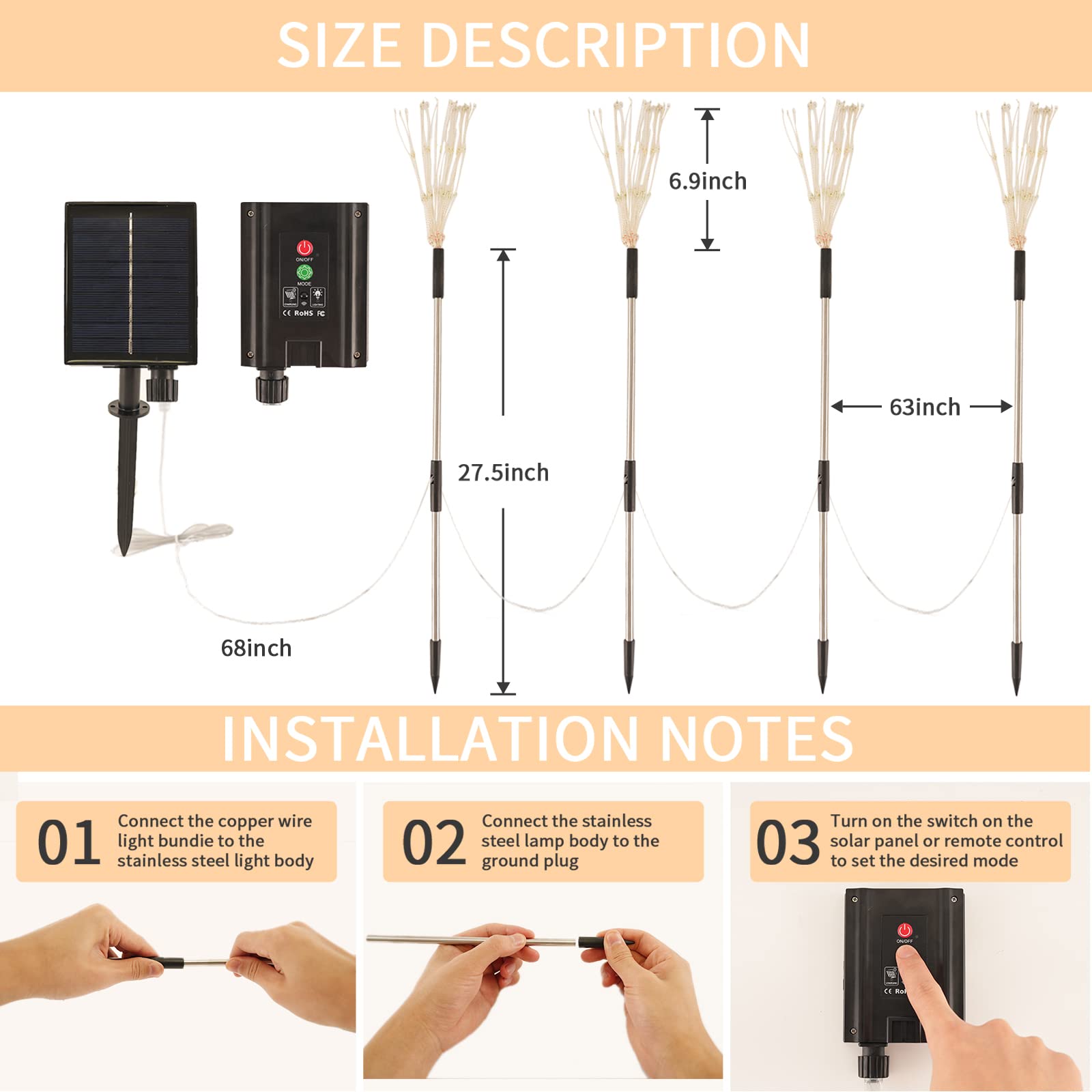 Lot de 4 lampes solaires de jardin 480 LED pour chemin, feux d'artifice, étanches, 8 modes d'éclairage avec télécommande pour terrasse,cour - 3