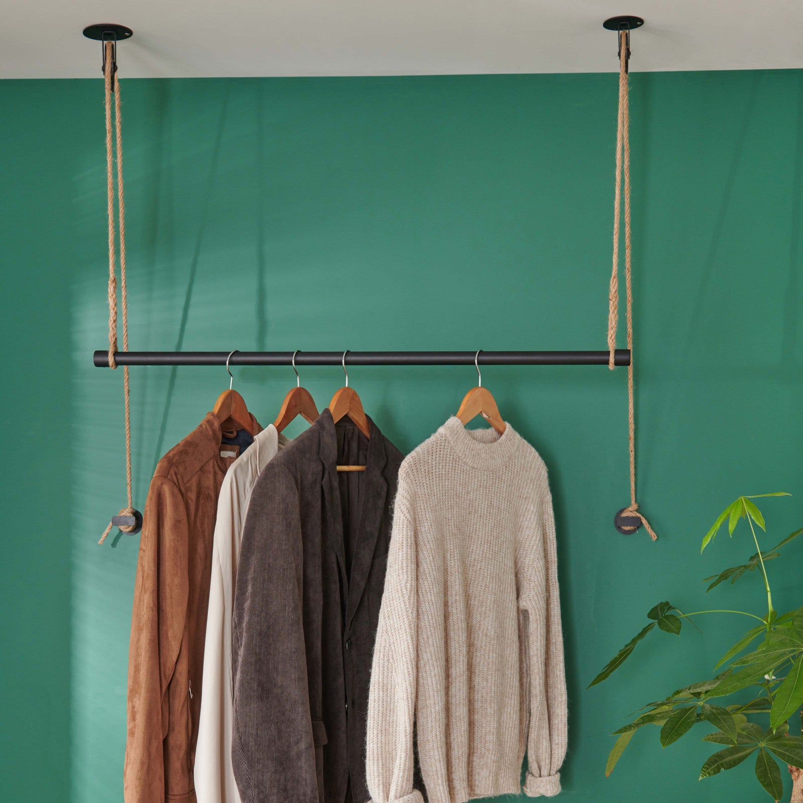 Penderie suspendue bois L100cm noir avec corde et poulie LANO - 3