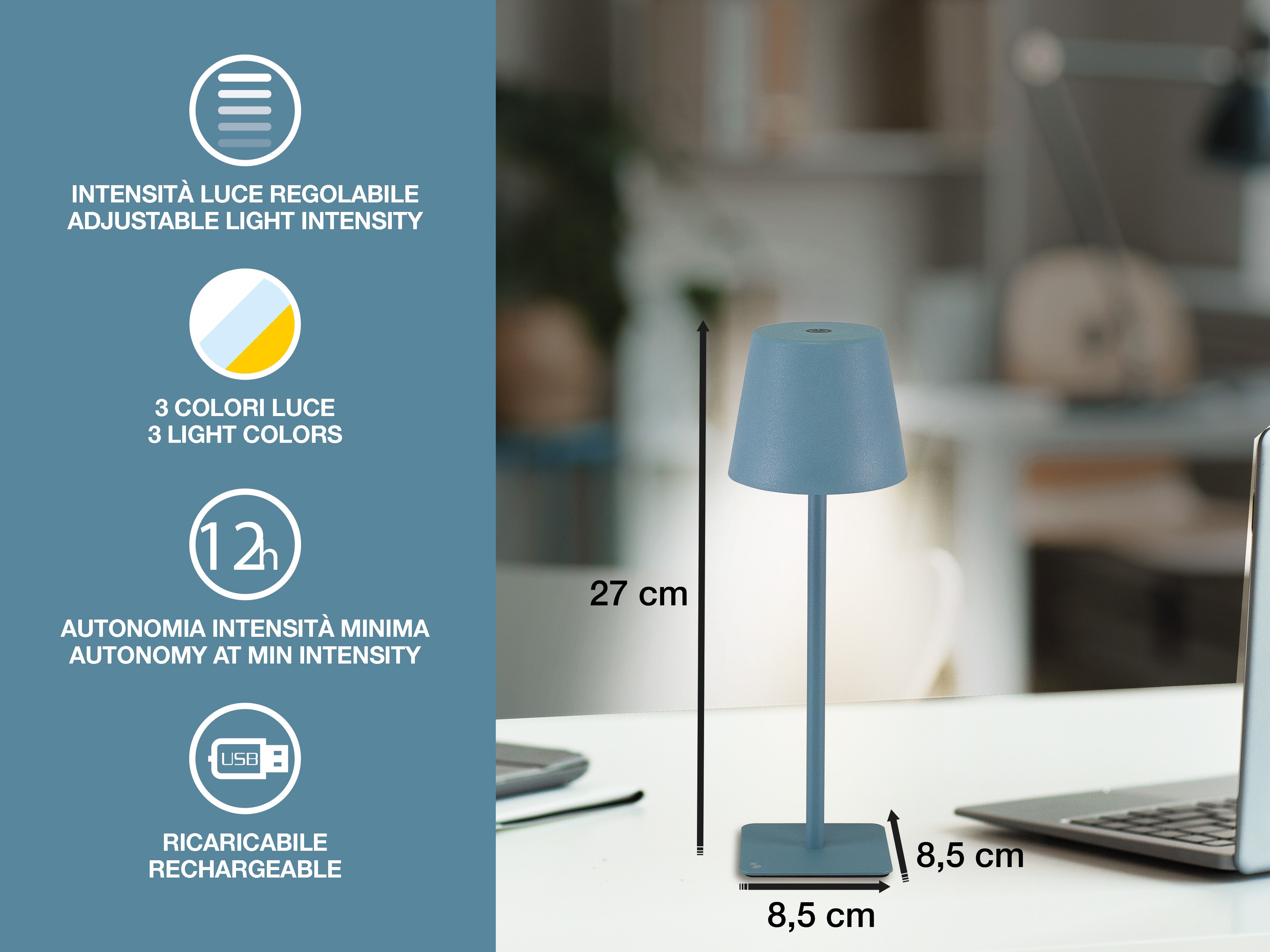 Lampada Ricaricabile BEPER Lumì - Da Terra/tavolo, Altezza Regolabile, Touch, 3 Tonalità, USB, Nero - Foto 4