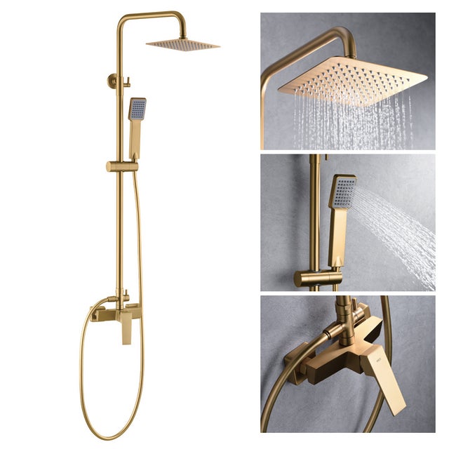 Columna de ducha con grifo monomando | Rociador Cuadrado acero inox. S.304 20x20 cm | Extraplano Antical Acabado Oro Cepillado