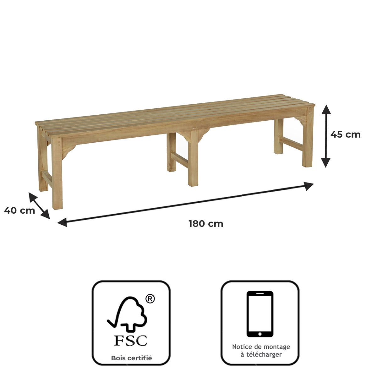 Banc en teck massif Melbourne 180 cm (sans dossier) - 8