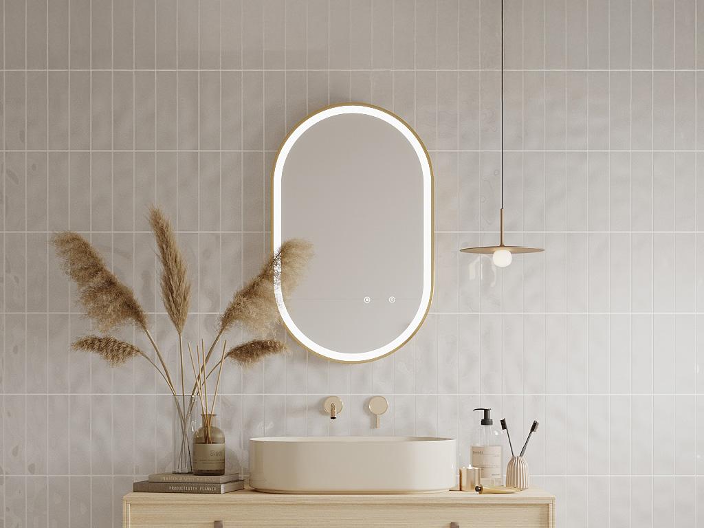 Miroir de salle de bain lumineux ovale anti buée avec contour doré - 50