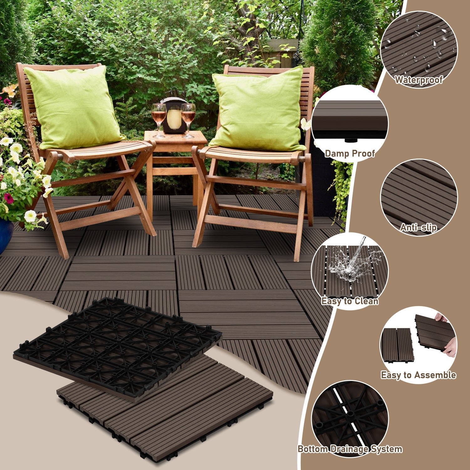Lot de 99 dalles de Terrasse Clipsable 30 X 30 cm Revêtement Extérieur Pour Jardin Balcon Piscine Marron café - 3