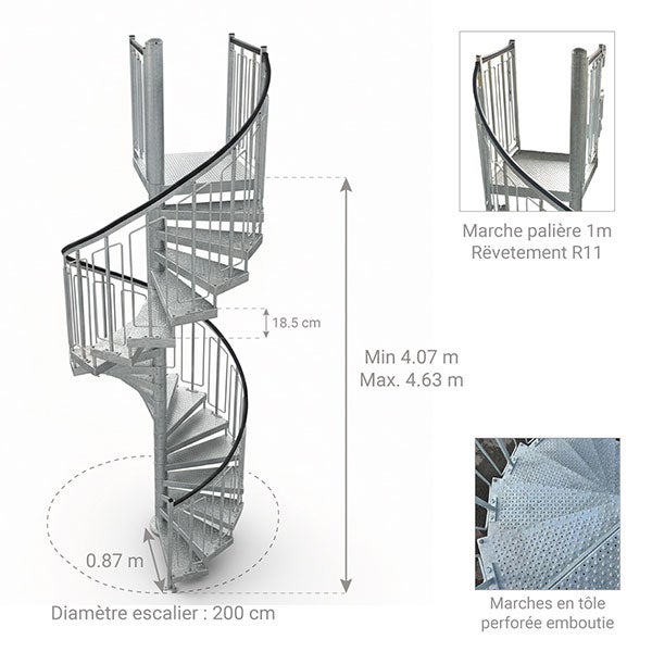 Escalier industriel hélicoïdal 25 marches - Hauteur à franchir 4,63m - HELI200-463-25-DR - 2