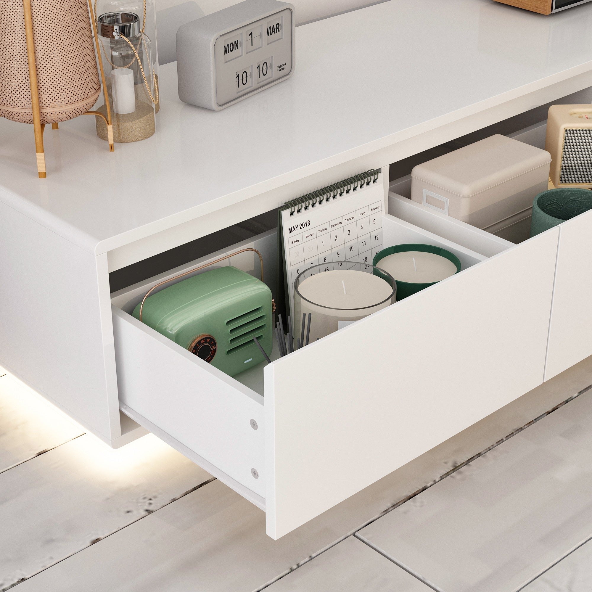 Meuble TV avec Lumière LED tricolore, Support TV-Meuble bas avec 4 Tiroirs, Salon, 180x40x30cm, Blanc - 7