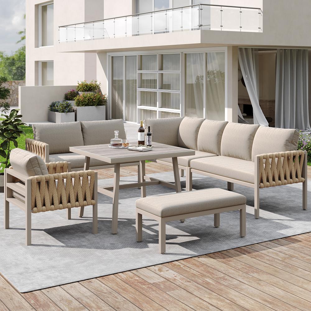 Ensemble de meubles de jardin modulable avec canapé d'angle, fauteuils, table en verre trempé et coussins inclus pour extérieur - 4