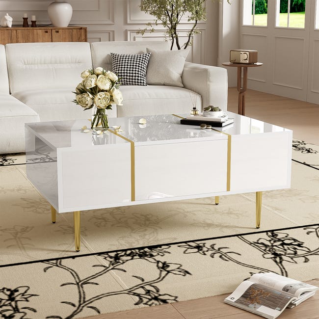 White Couchtisch mit Hochglanz, modern and schlicht, mit 2 Schubladen