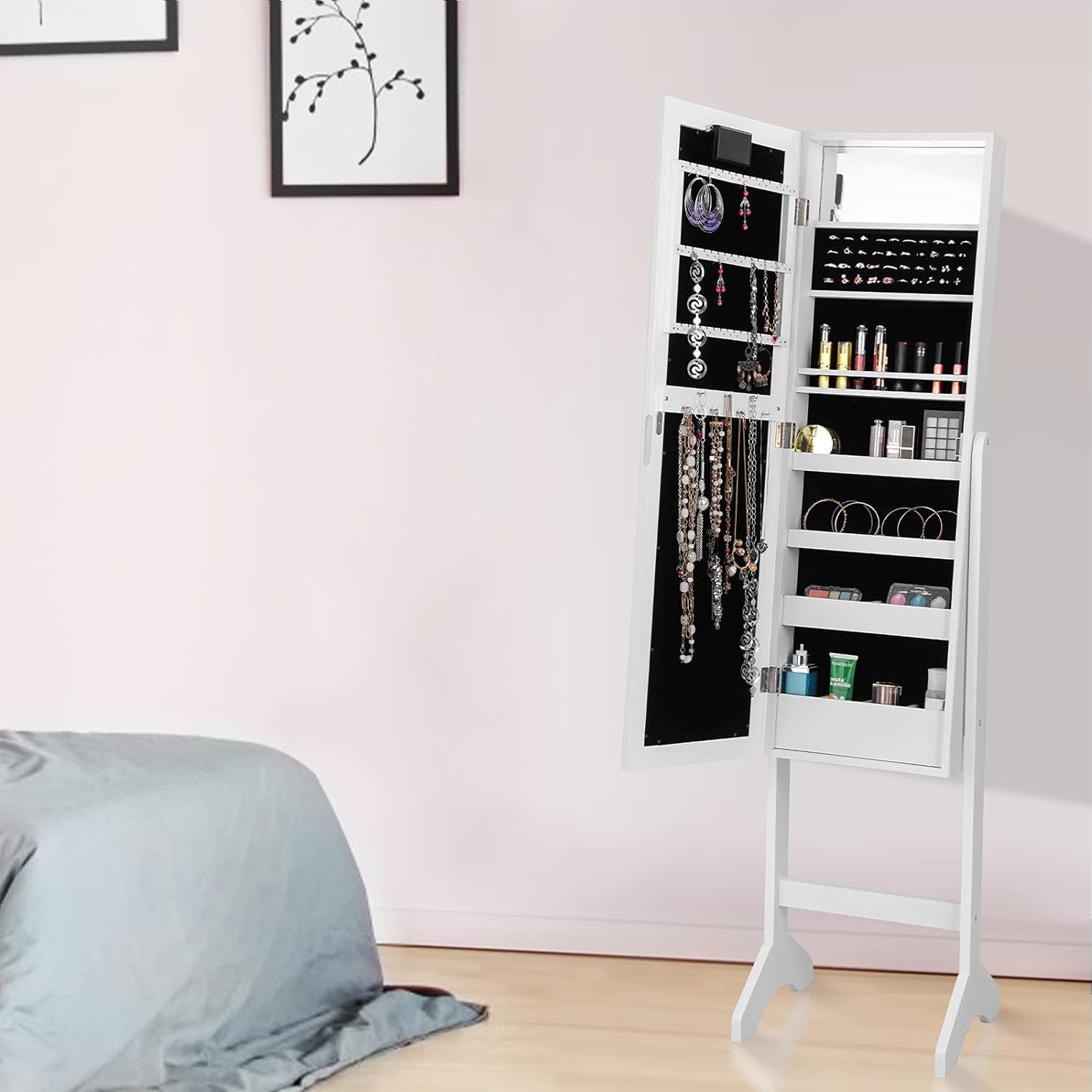 Armoire a Bijoux sur Pied,Rangemen avec Miroir Plein Longueur & Lumieres LED sur le Miroir, Autoportante Verrouillable avec Crochet de Collier(Blanc) - 7