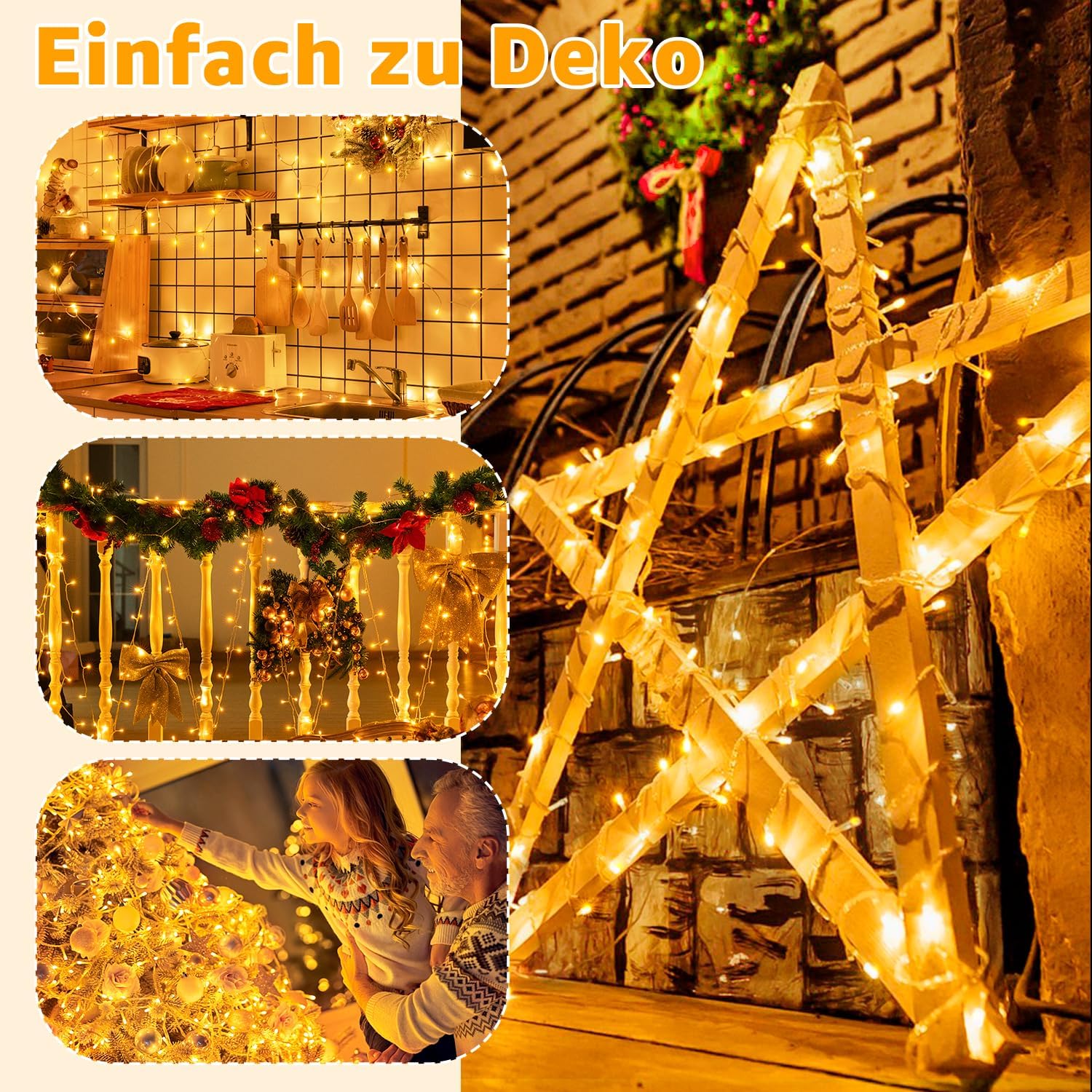 Luci a LED da 30 m, 300 LED, luci natalizie impermeabili IP44 con telecomando e timer, 8 modalità, bianco caldo - 4