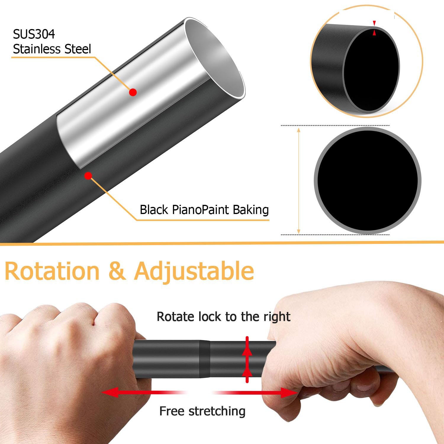 Bastone per tenda da doccia angolare regolabile, per vasca da bagno, 68-98 x 192-222 cm, da forare (nero) - 2