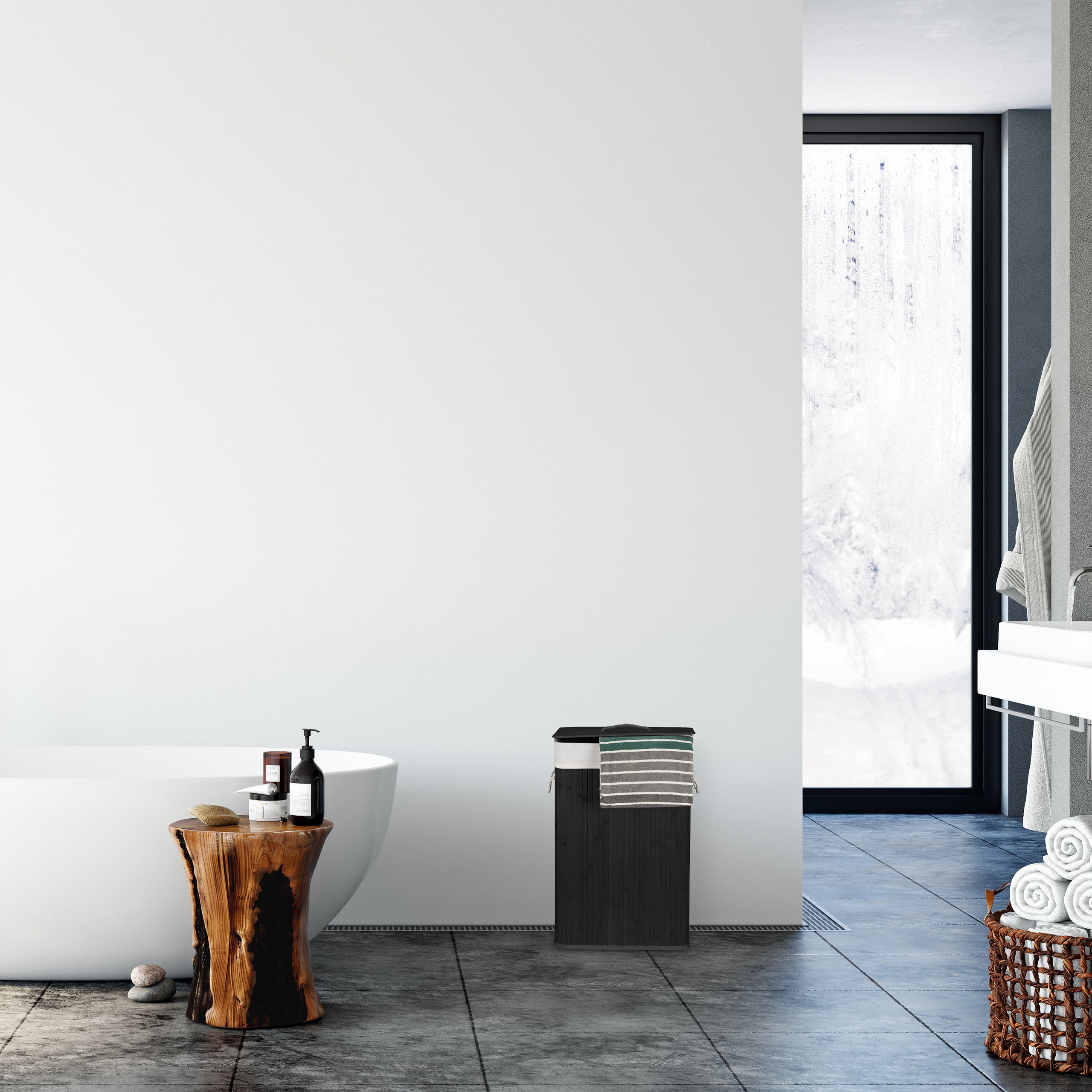 Panier à linge bambou, lot de 2, corbeille linge pliante, 83L par panier, sac intérieur coton, nature et blanc - 3