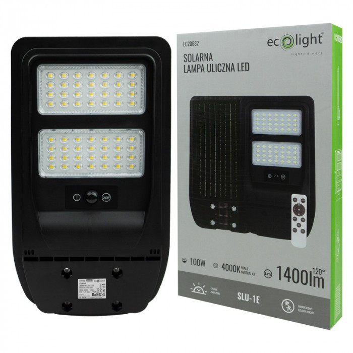 Lampa uliczna solarna Place I Ulice szara LED 100W 4000K 1000lm czujnik i pilot IP65 wym: 46 x 17,5 x 4,7 cm aluminium Ecolight - 4