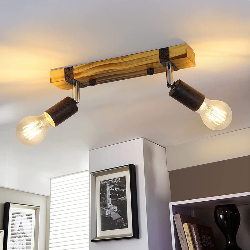 NETTLIFE Reflektorowa sufitowy retro 2 lampy ściemnialne z drewnianą belką, regulowane diody LED, wymienne