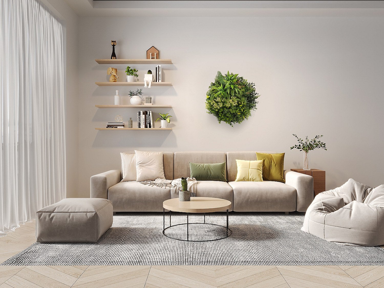 Panel dekoracyjny okrągły ze sztucznych roślin - śr. 50 cm - Naturalny obraz, zielone liście - BOISI