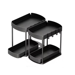 Confezione Da 2 Organizer Scorrevoli Per Sottolavandino – 2 Ripiani In ABS, Con Ganci E Bicchieri, Multiuso Per Cucina E Bagno (Nero)
