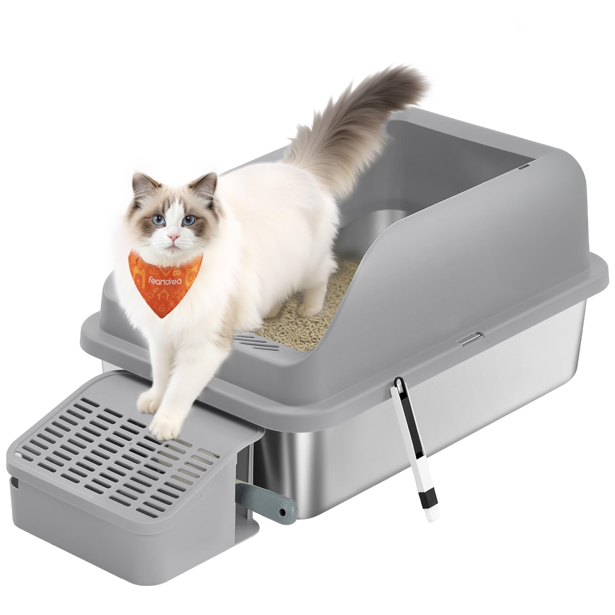 Feandrea Gris Pizarra Arenero Para Gatos De Acero Inoxidable Con Entrada Superior, - Imagen 3