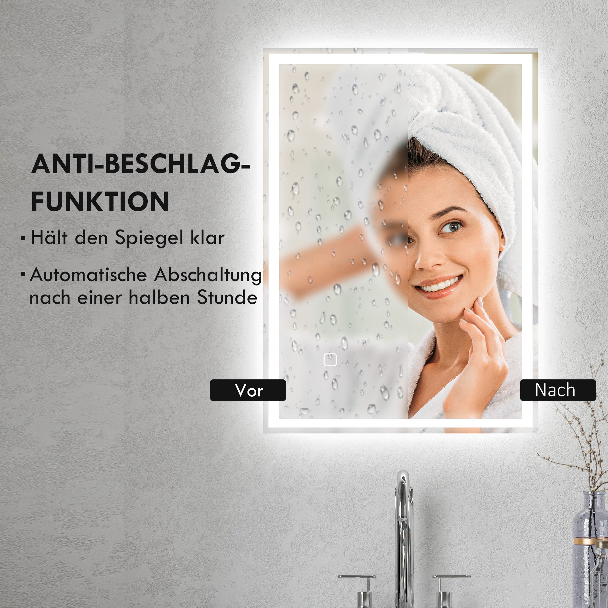 Specchio da bagno, specchio da parete con LED e interruttore touch, bianco - 7