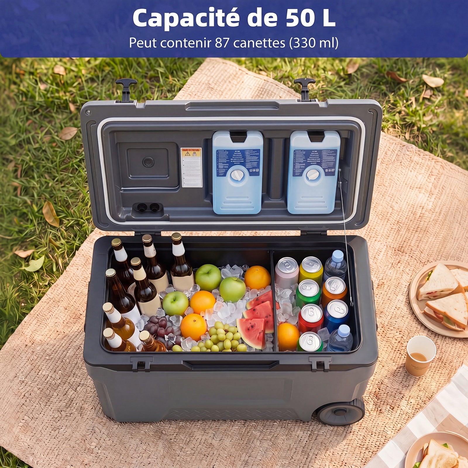 Glacière Portable 50L, Réfrigérateur Portable à roulettes avec Orifice de Sortie Emplacement du Gobelet, Rétention de Glace de 6 Jours - 7