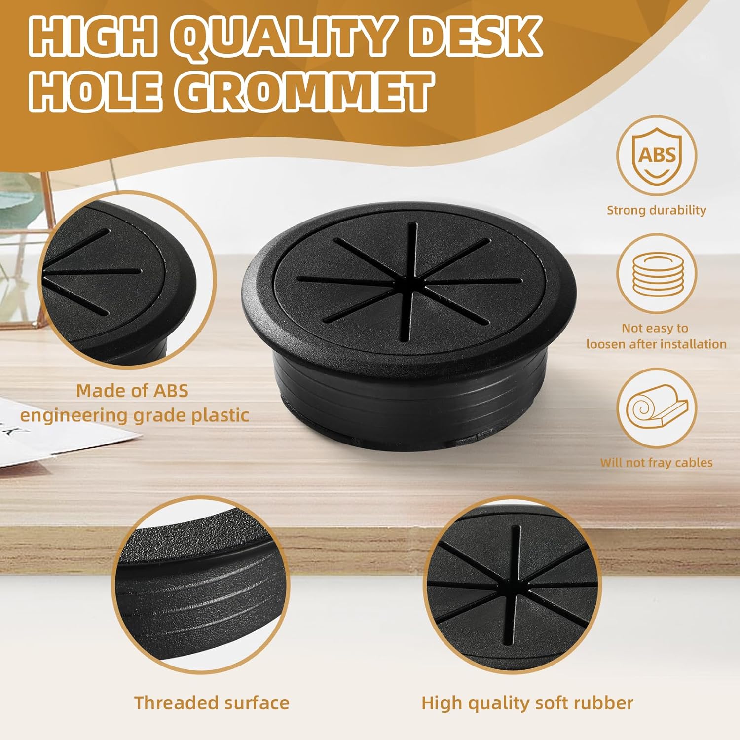 Lot de 3 oeillets passe-câble 80 mm noir en plastique ABS, cache-trou de table pour fils et câbles - 3