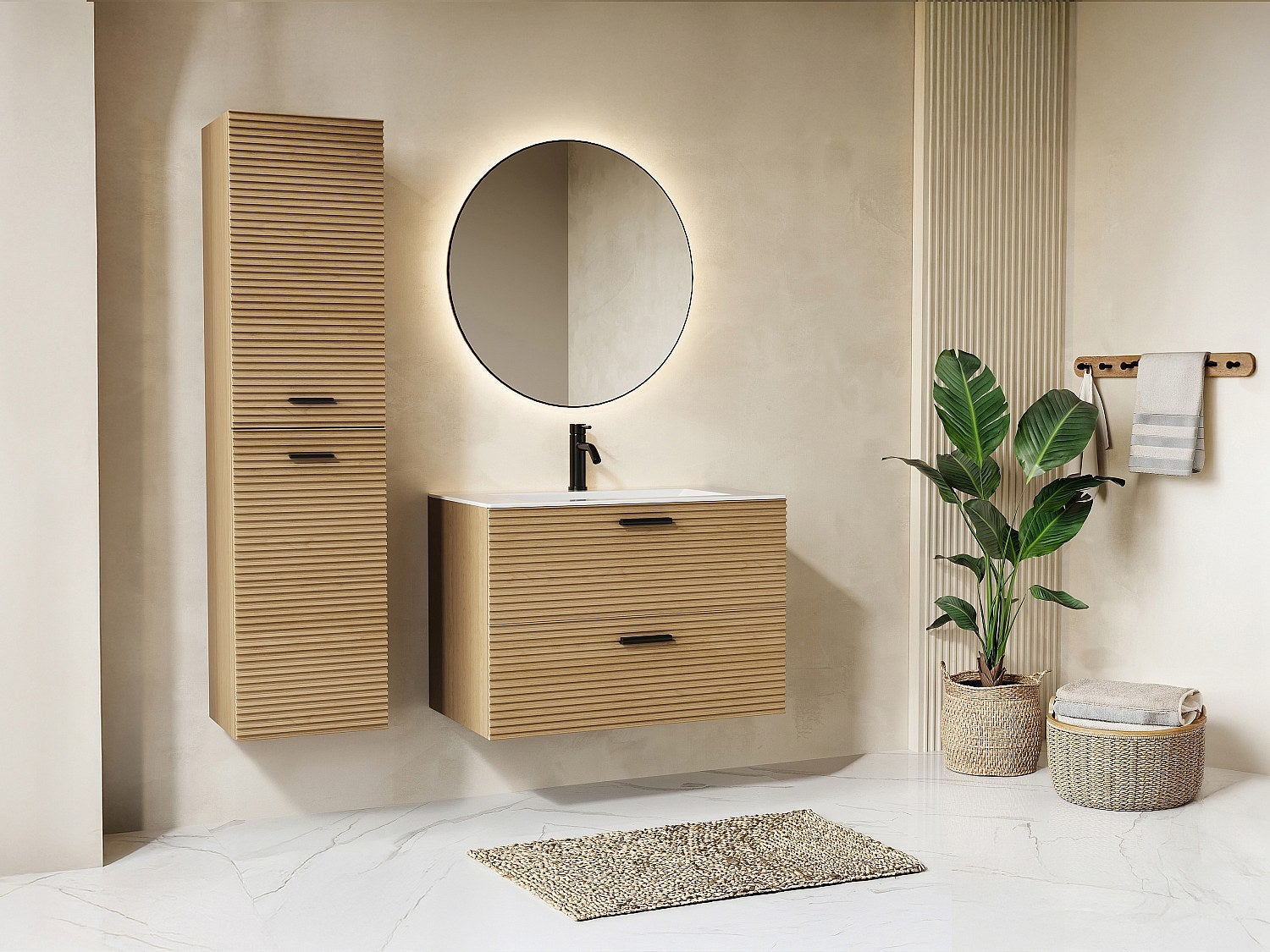 Szafka pod umywalkę na nóżkach z prążkowanym frontem wysoka - Jasny naturalny - H140 cm - SARONE