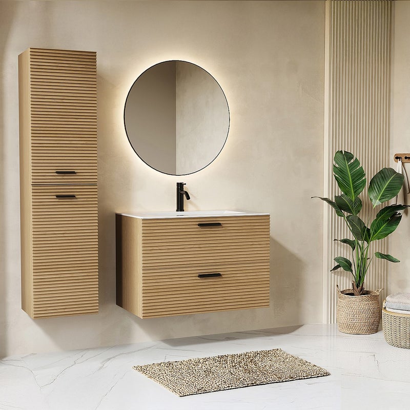 Szafka pod umywalkę na nóżkach z prążkowanym frontem wysoka - Jasny naturalny - H140 cm - SARONE