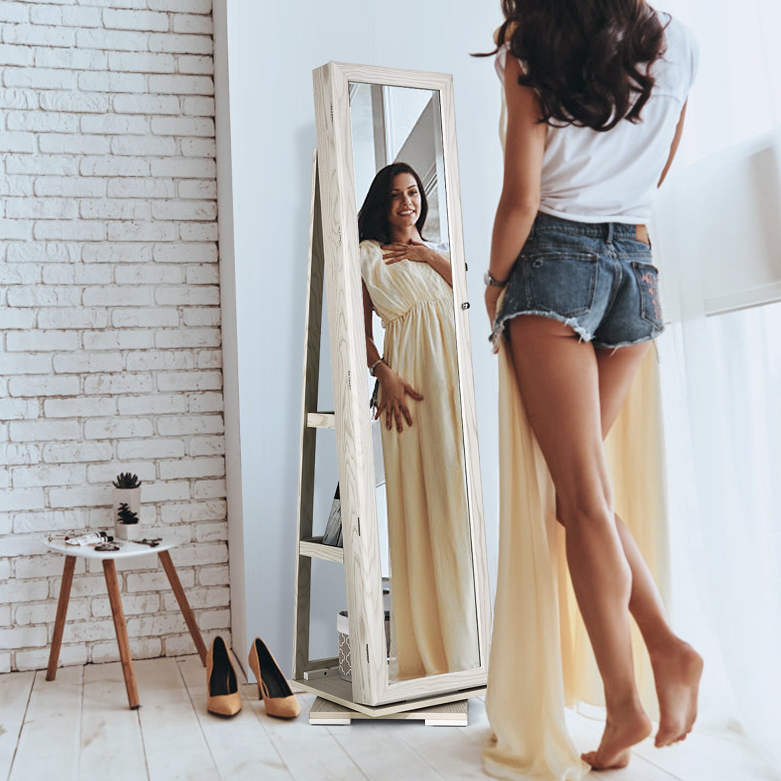 Armoire à Bijoux Pivotante à 360 Degrés sur Pieds,avec Grand Miroir Psyché et Etagère de Rangement à L’Arrière (Blanc) - 2