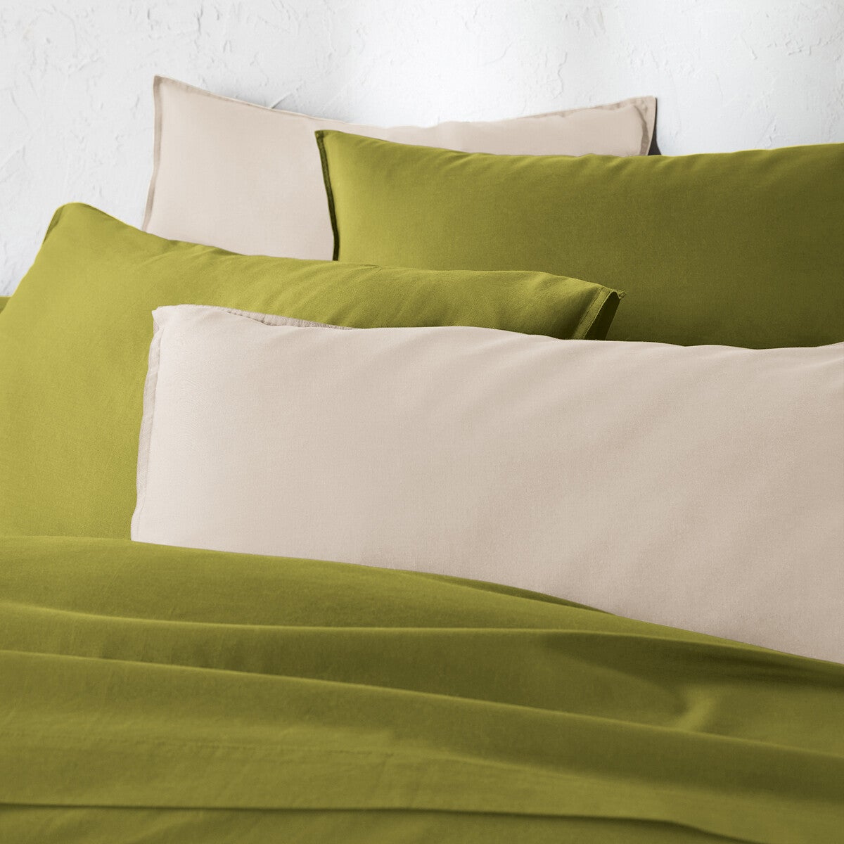 Drap plat uni en coton lavé, Scenario - Vert olive - 150 x 250 cm - 4