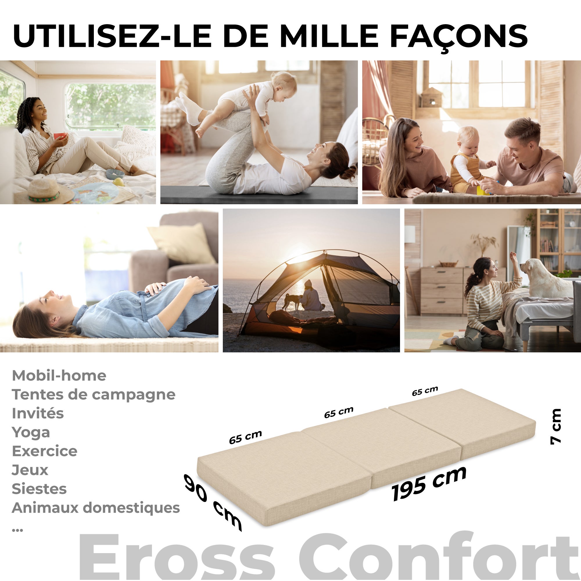 Colchón Plegable 90x195. Transpirable Funda Lavable y Bolsa de Transporte. Altura 10 cm Beige - 6
