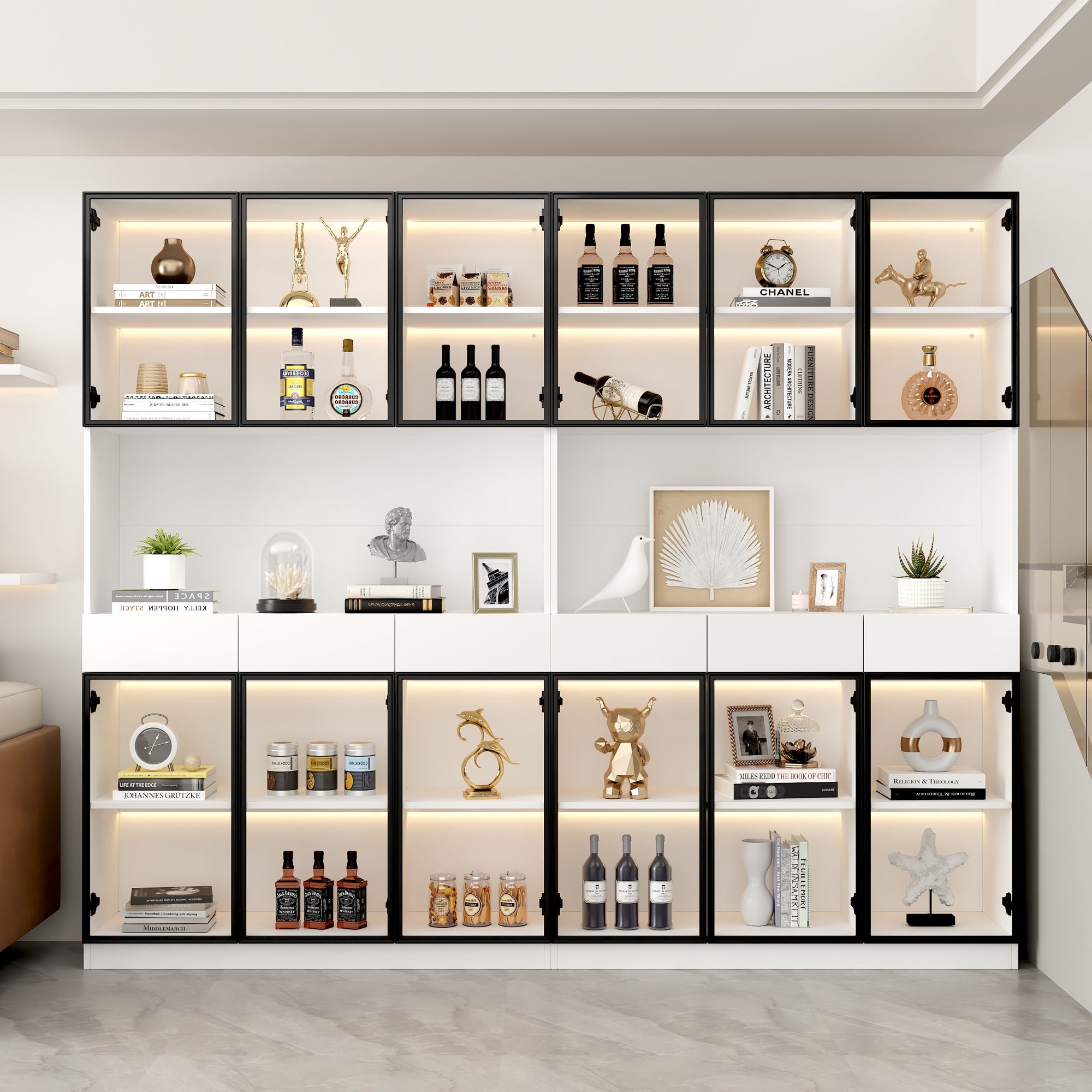 Vitrine d'exposition，Éclairage LED，Bibliothèque de rangement，Pour collection et salon，240 x 200 x 36 cm，Blanc - 2