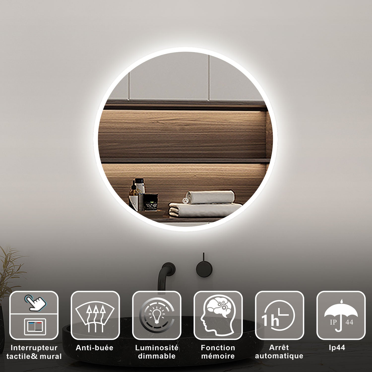AICA Miroir lumineux rond 80cm anti-buée +dimmable + mémoire, miroir de salle de bain led - 2
