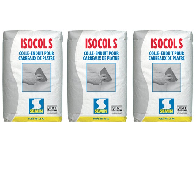 Colle pour Carreaux de Plâtre Isocol Super Semin, Intérieur, Poudre, Sac 25 kg, lot de 3