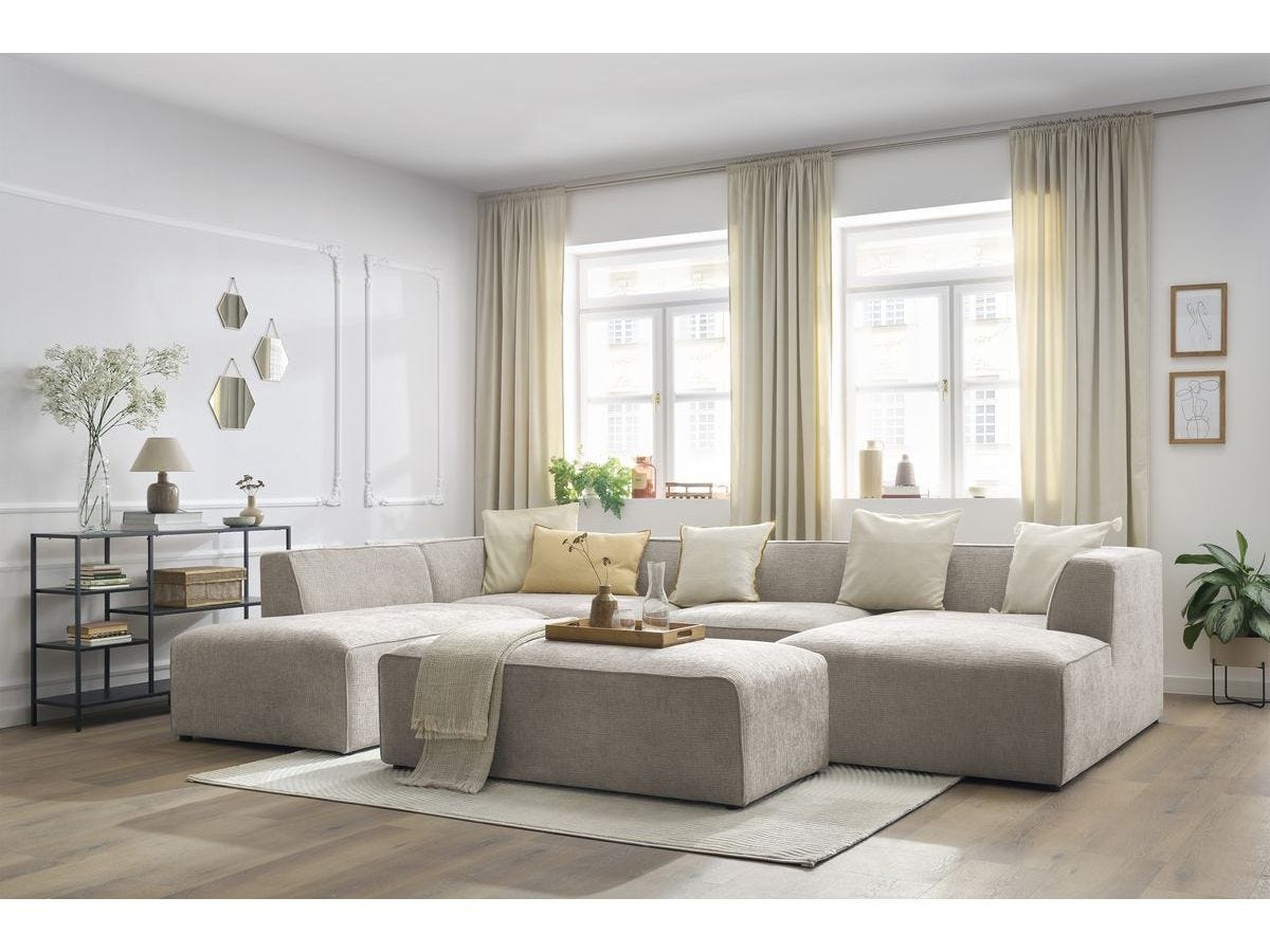 BOBOCHIC Canapé panoramique fixe MEGEVE avec pouf tissu texturé Beige ...