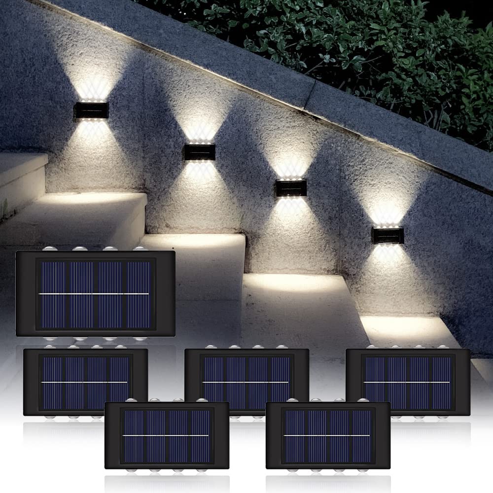 Zewnętrzna solarna lampa ścienna z 8 diodami LED, wodoodporna IP65, na taras, do ogrodu, garażu, basenu – światło białe 6 500 K (zestaw 6 szt.)