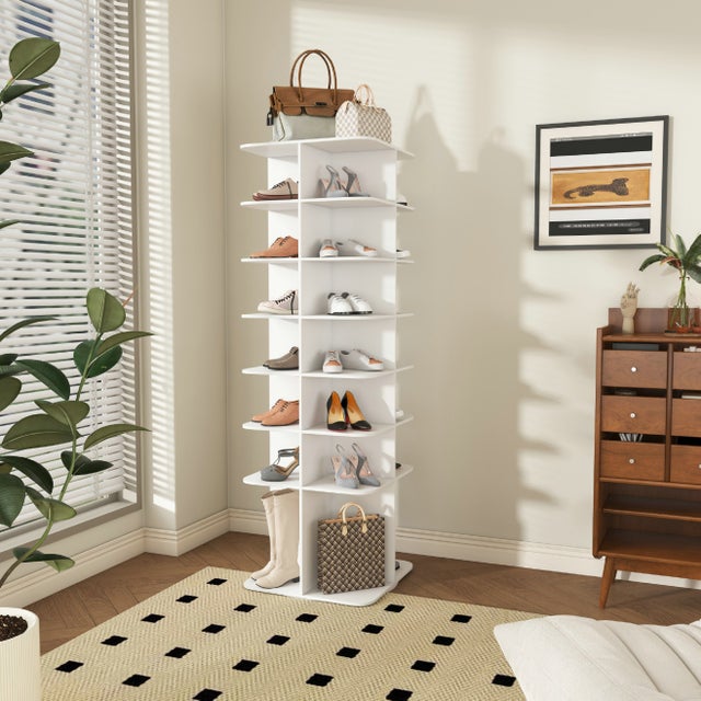 Tour à chaussures rotative 7 niveaux, rangement 360° sur pied, porte-chaussures gain de place pour 28 paires, blanc