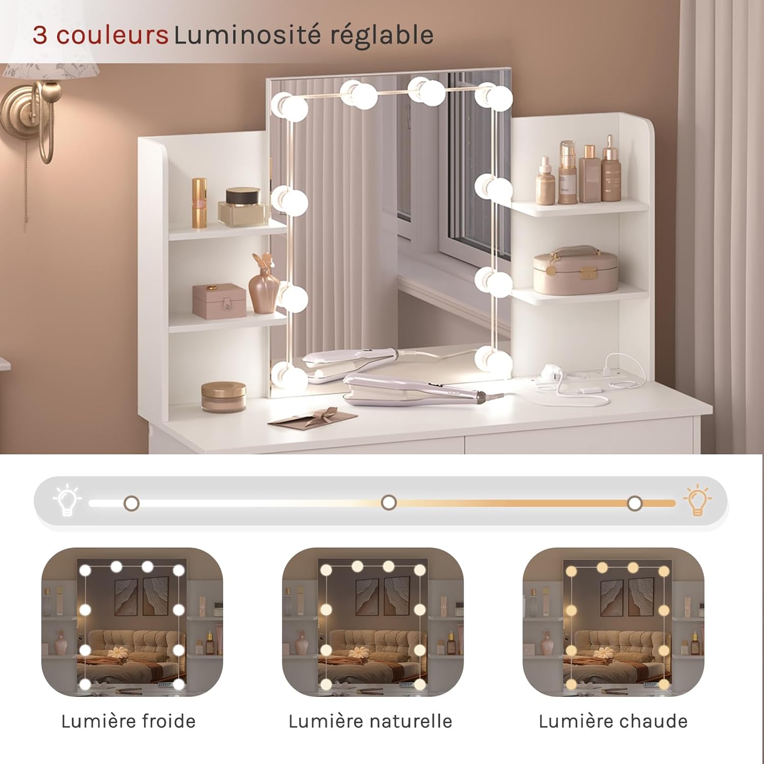 Coiffeuse avec Miroir LED WOLTU, Table de Maquillage avec Miroir, Coiffeuse avec 2 Tiroirs et 4 Étagères, Blanc, 90x135x40 cm - 5