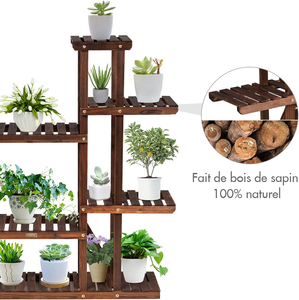 Étagère pour plantes en bois 9 tablettes pour 18 pots 125 x 25 x 114 cm charge 10kg - 7