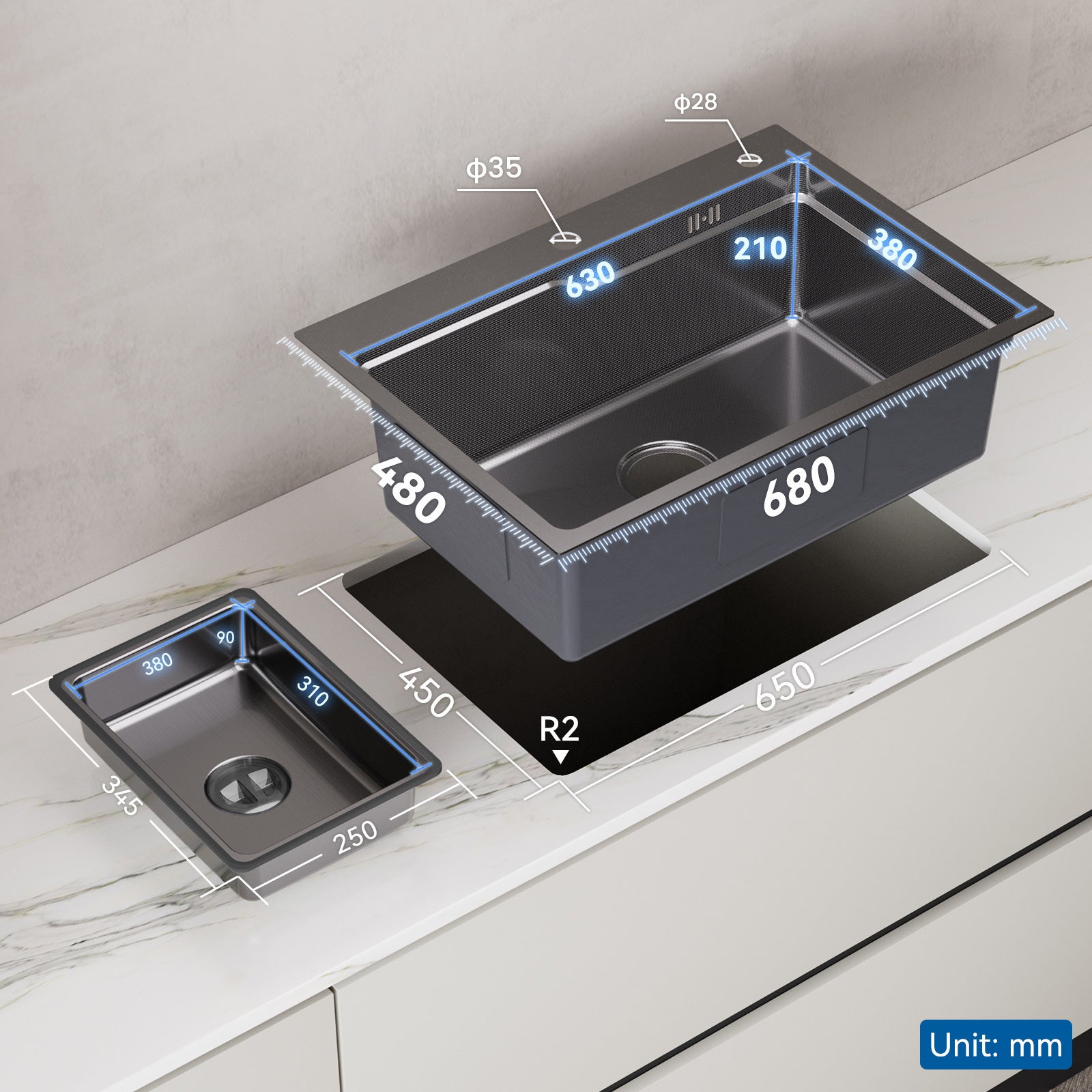 Auralum max Évier 1 Bac 68×48x21CM Évier Inox Noir avec Vasque + Distributeur de Savon - Évier à Encastrer/A poser - 3