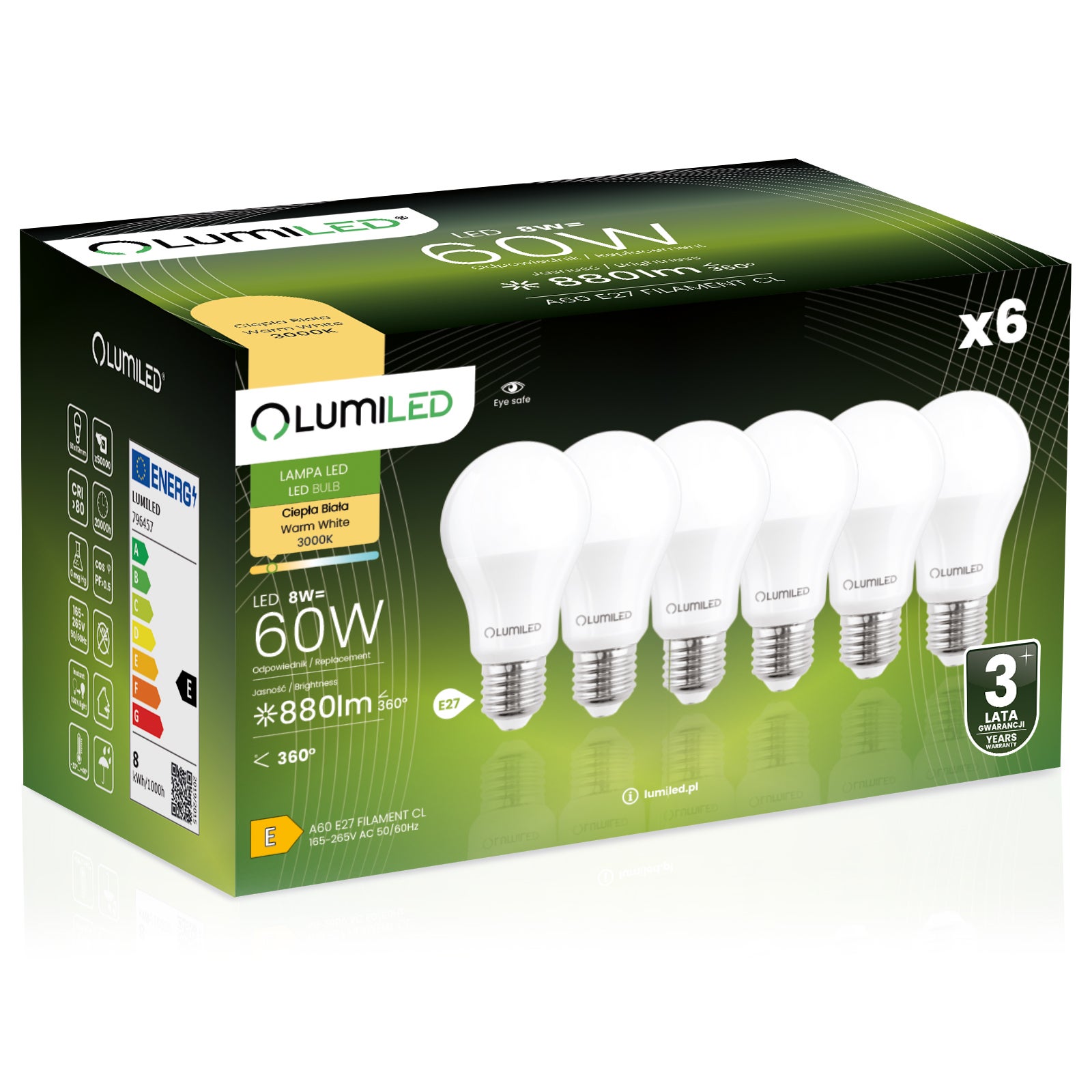 Żarówka LED Lumiled E27 A60 8W 806lm 3000K Ciepła biel 260st 6 szt.