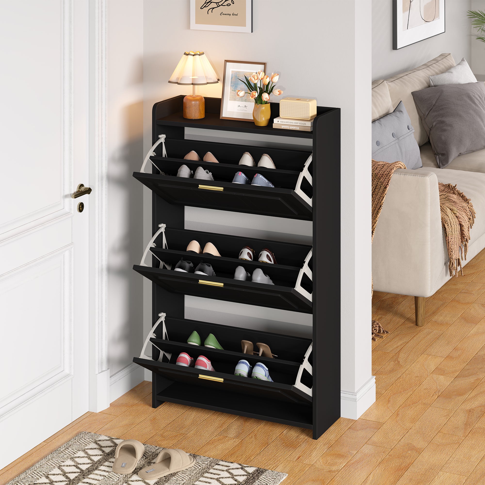 Meuble à chaussures avec 3 portes rabattables - 70 x 24 x 120 cm - MDF et panneaux de particules - Noir - 2