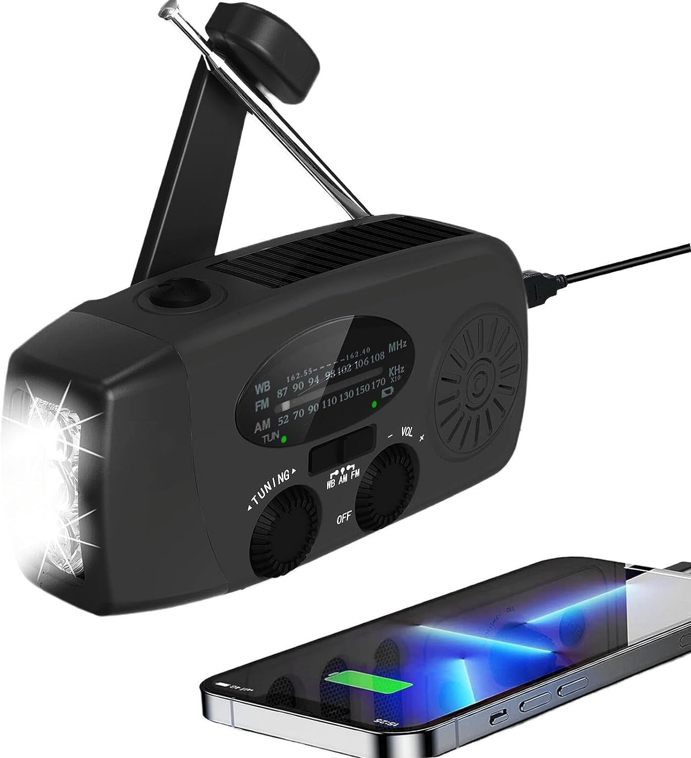 Przenośne radio awaryjne zasilane energią słoneczną + korba ręczna + USB, NOAA, AM/FM, latarka, SOS, na kemping, do domu