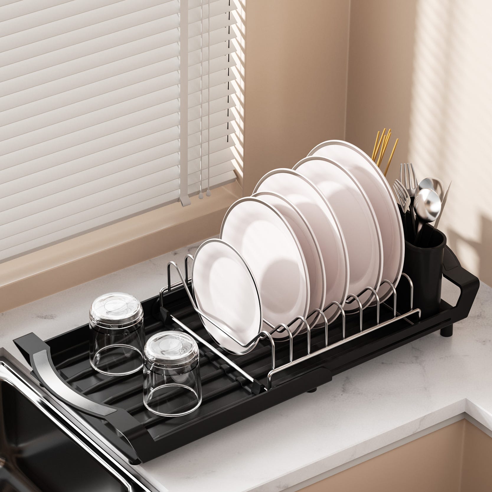 LIONONLY Scolapiatti per bancone della cucina, con beccuccio di scarico girevole a 360°, scolapiatti multifunzione con scolapiatti, porta utensili, organizer da cucina, bianco LIONONLY Scolapiatti per bancone della cucina, con beccuccio di scarico girevole a 360°, scolapiatti multifunzione con scolapiatti, porta utensili, organizer da cucina, bianco