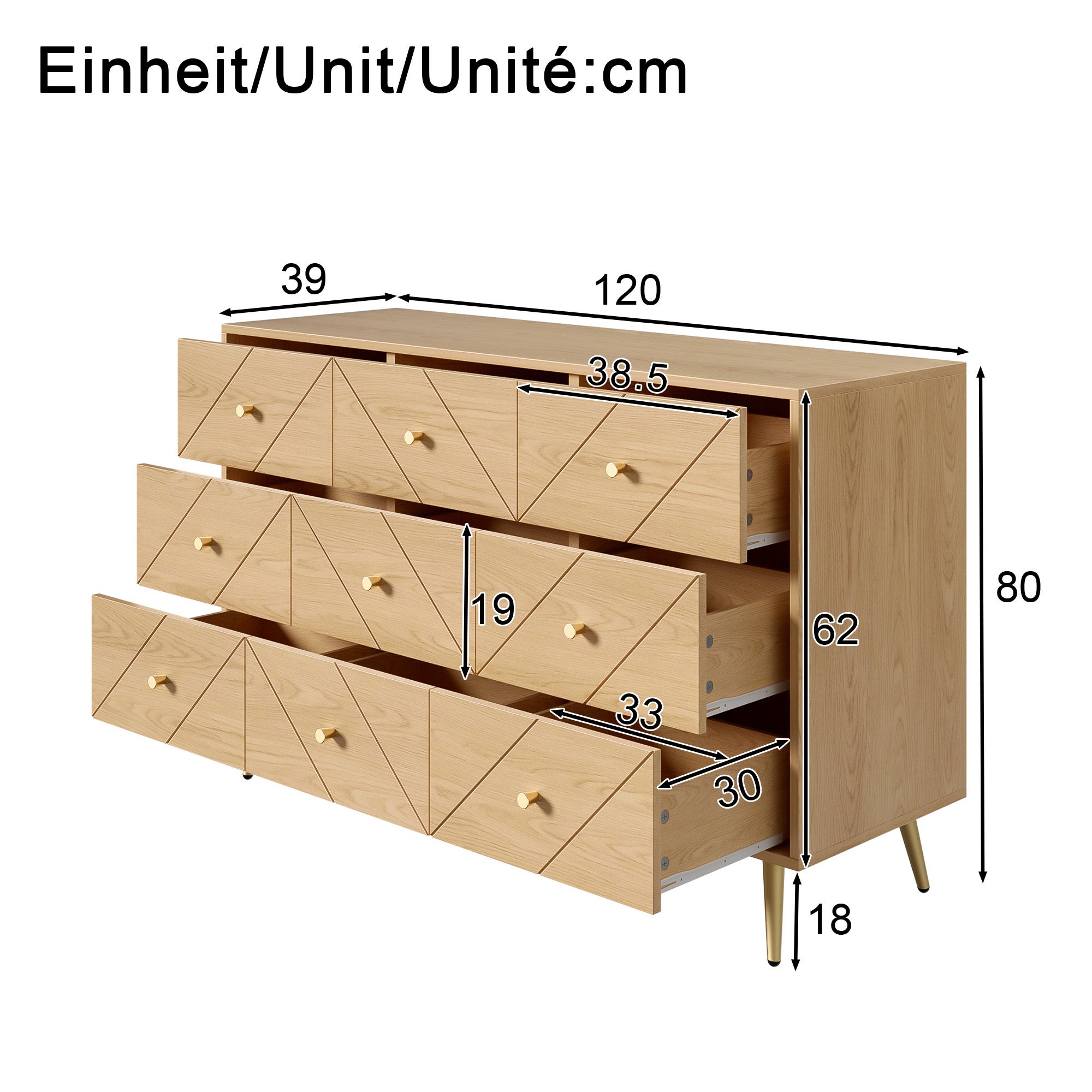 Commode à 9 tiroirs 120x39x80cm, Panneau de particules, naturel - 4