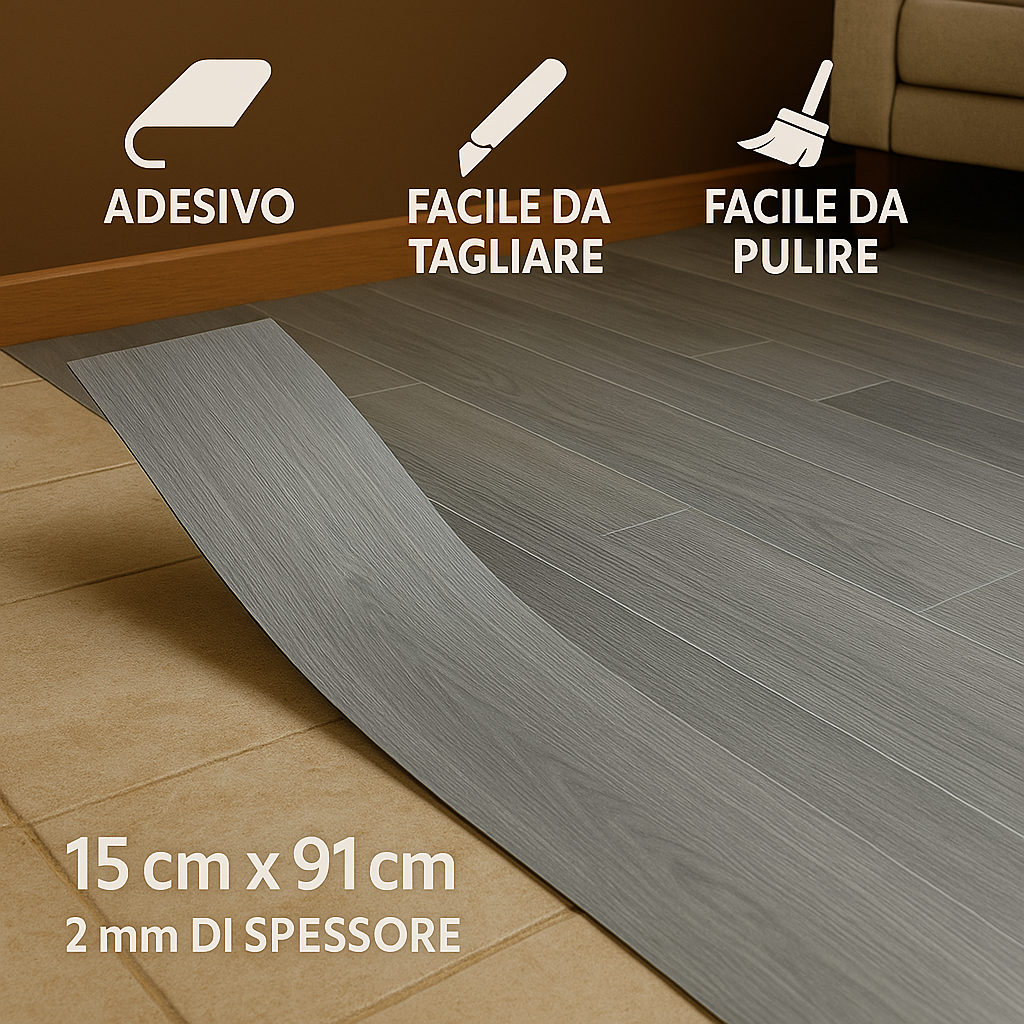 Soglia Porta Adesiva Profilo Di Transizione Autoadesivo Per Pavimenti - 5cm X 2m, Vinile Morbido - Per Laminato, Piastrelle, Parquet (Rovere Grigio) Parquet Laminato Incastro - Foto 2